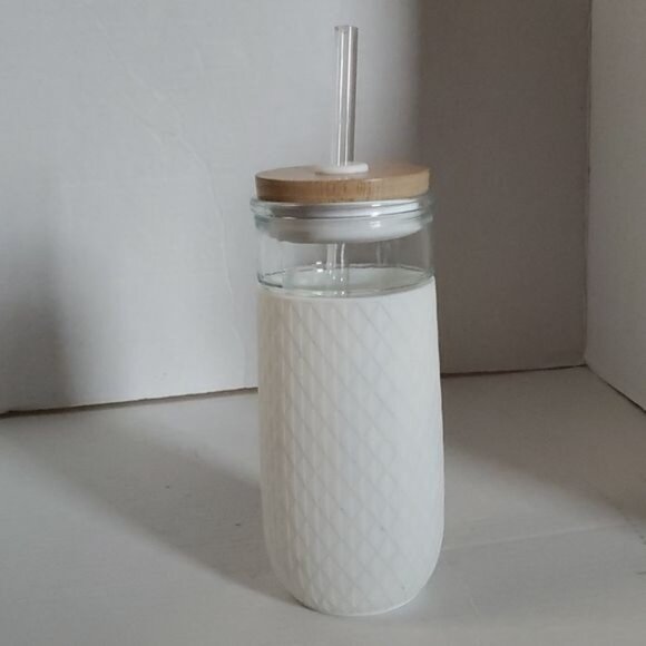 Ello Devon Glass Container Tumbler White Silicone Sleeve Wooden Lid Straw 18 OZ - Picture 5 of 15